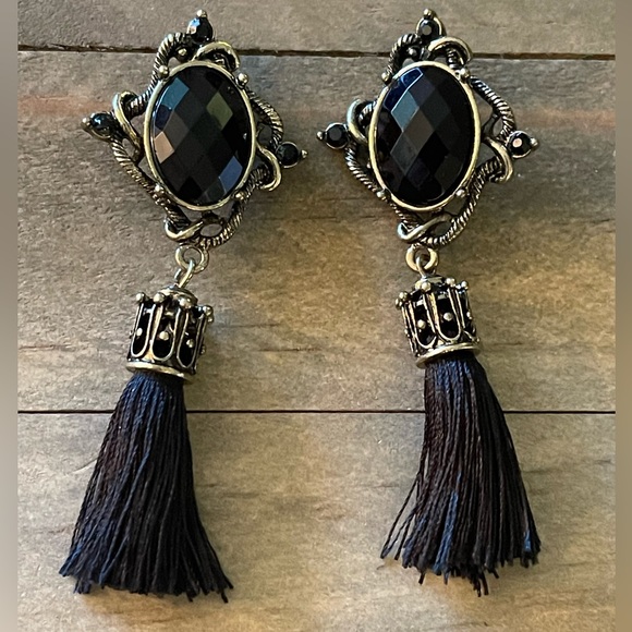 Tassel Long Fringe Drop, Black, Antique Gold Bohemian, Victorian Earrings - Picture 5 of 10